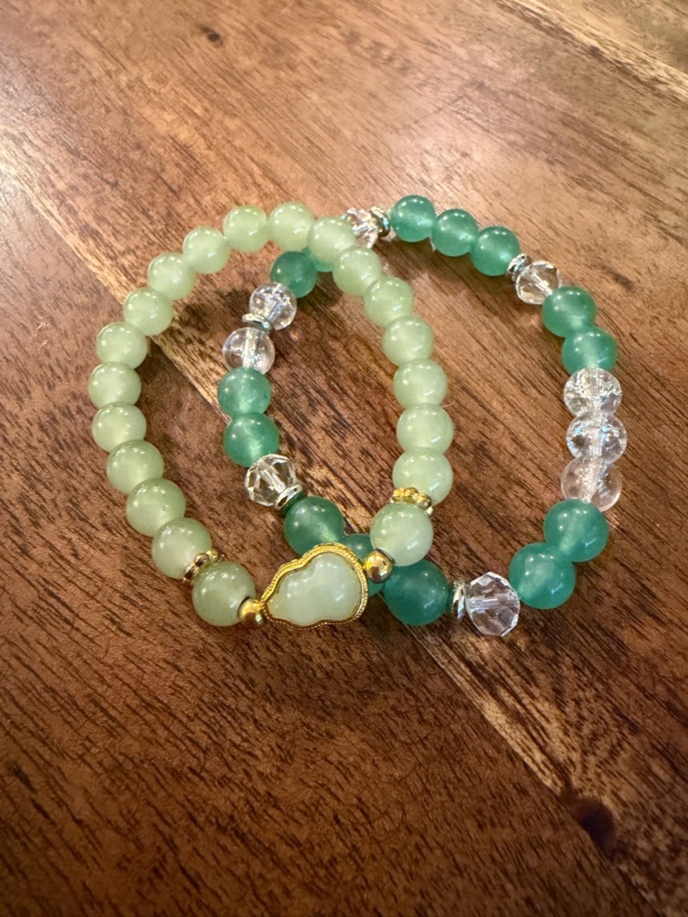 Green Beaded Stretch Bracelet Set with Gold Accent